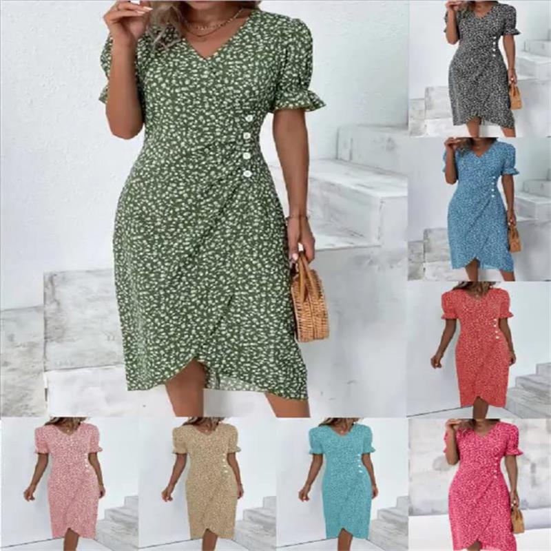 Vestido casual de vacaciones con cuello en V y dobladillo irregular floral para mujer