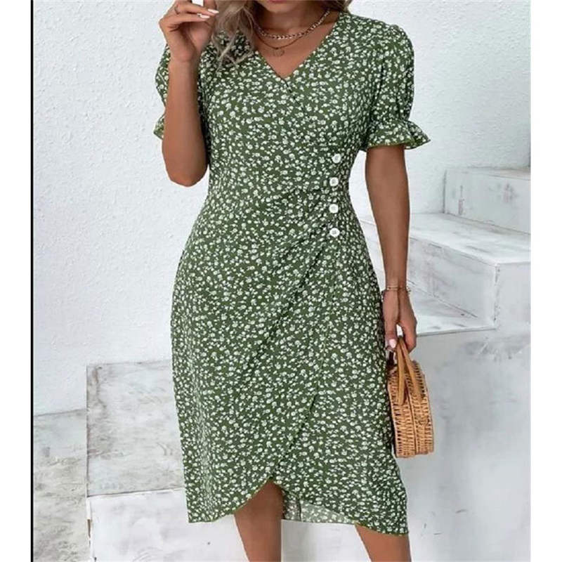 Vestido casual de vacaciones con cuello en V y dobladillo irregular floral para mujer