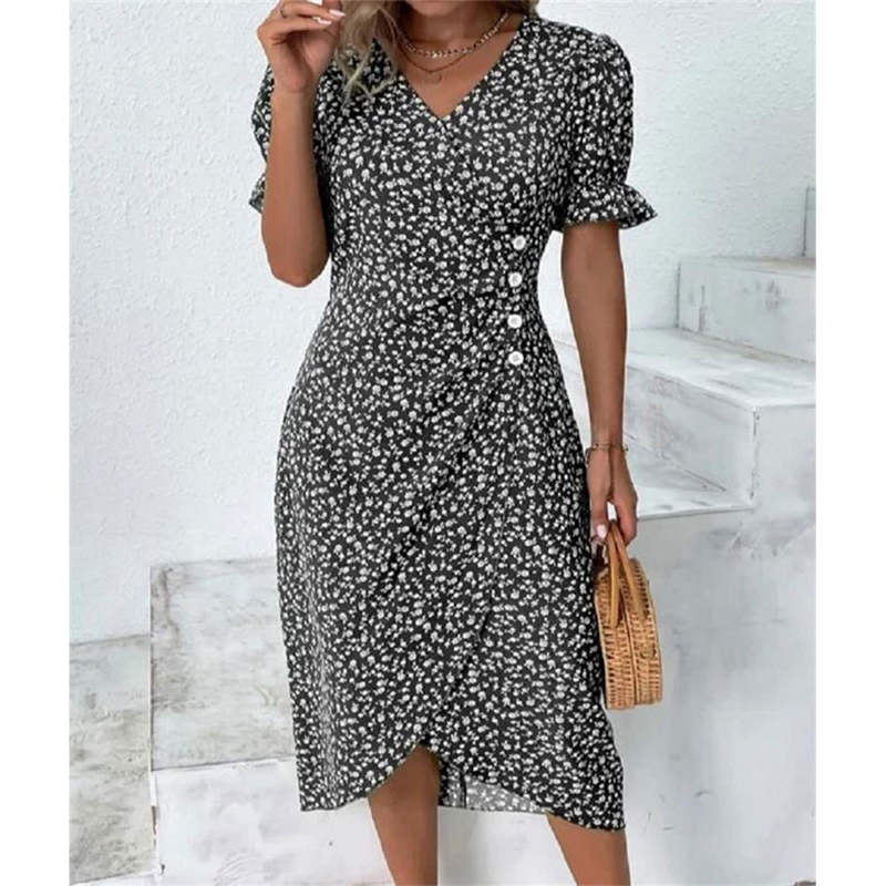 Vestido casual de vacaciones con cuello en V y dobladillo irregular floral para mujer