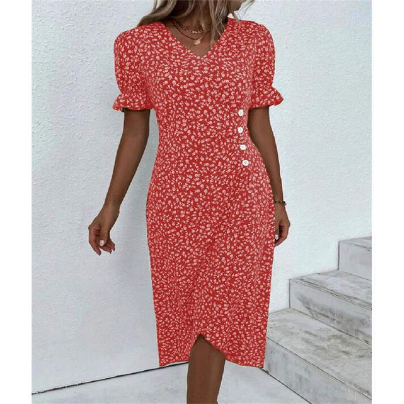 Vestido casual de vacaciones con cuello en V y dobladillo irregular floral para mujer