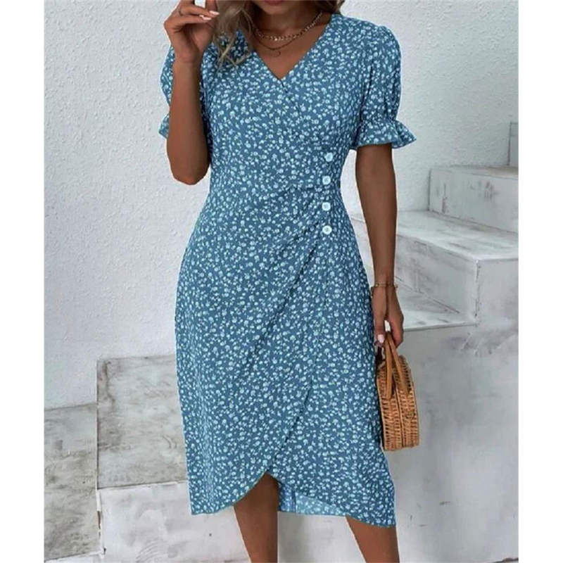 Vestido casual de vacaciones con cuello en V y dobladillo irregular floral para mujer