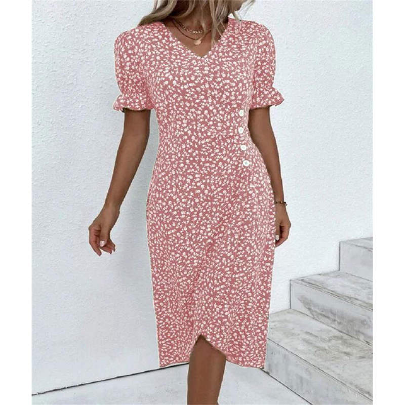 Vestido casual de vacaciones con cuello en V y dobladillo irregular floral para mujer