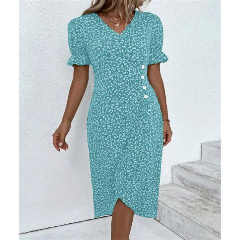 Vestido casual de vacaciones con cuello en V y dobladillo irregular floral para mujer