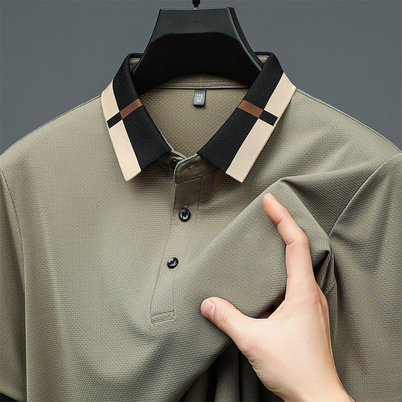 🔥Hoy 50% de descuento🔥Camisa para Hombre en Tejido Seda Helada Elástica de Manga Corta con Solapas