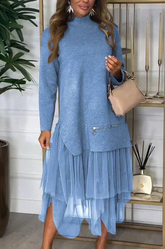 🎅Ofertas de Navidad 50%🎁Vestido Casual de Malla con Parches de Color Sólido para Mujer