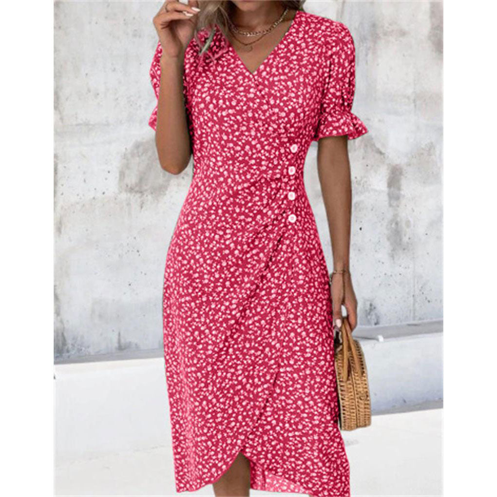 Vestido casual de vacaciones con cuello en V y dobladillo irregular floral para mujer
