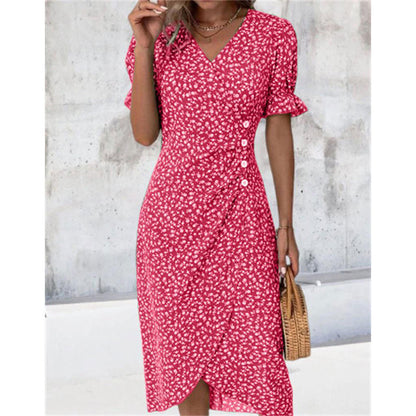 Vestido casual de vacaciones con cuello en V y dobladillo irregular floral para mujer
