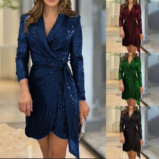 [Mejor regalo para ella] Vestido sexy de cintura con color sólido y lentejuelas y a la moda para mujer